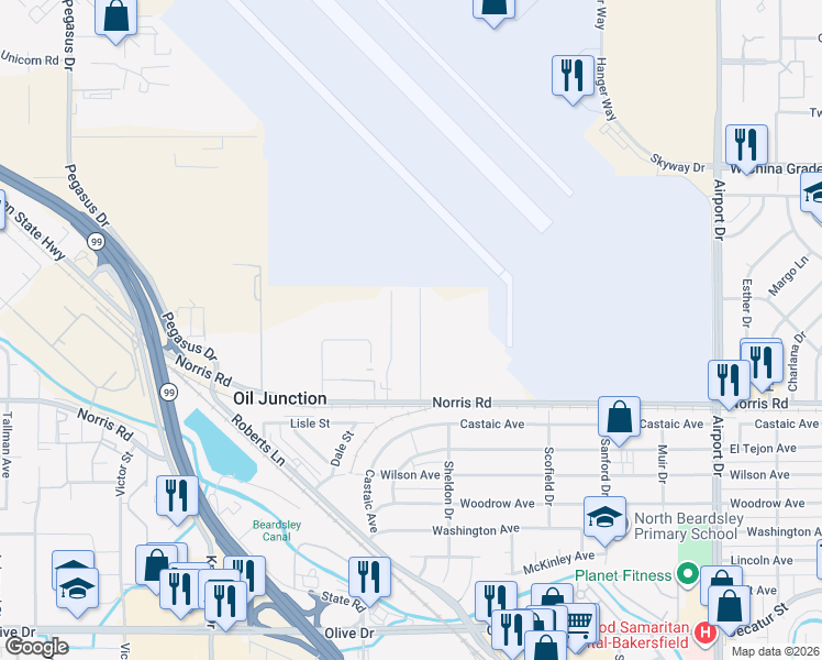 map of restaurants, bars, coffee shops, grocery stores, and more near 1740 Rench Road in Bakersfield