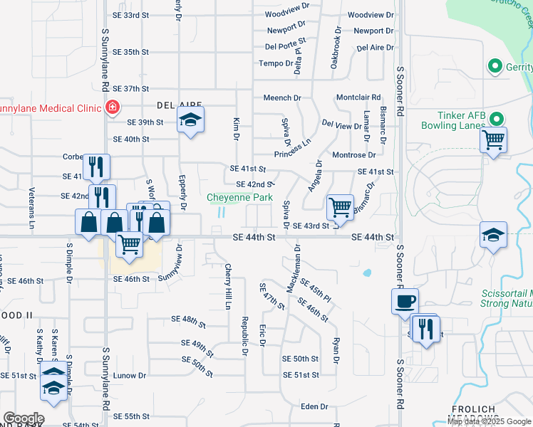 map of restaurants, bars, coffee shops, grocery stores, and more near 4212 Edinburg Way in Del City