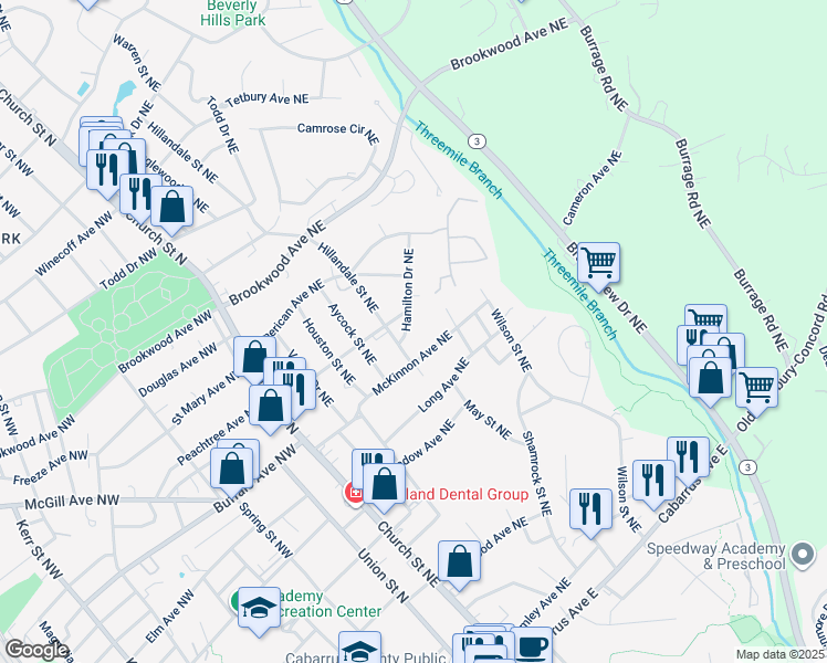 map of restaurants, bars, coffee shops, grocery stores, and more near 296 Hamilton Drive Northeast in Concord