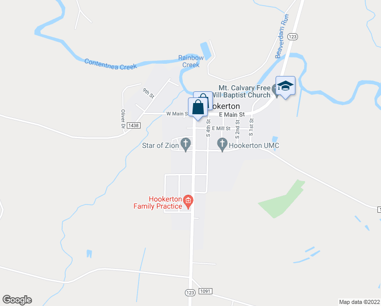 map of restaurants, bars, coffee shops, grocery stores, and more near Barbara Hooker Road in Hookerton
