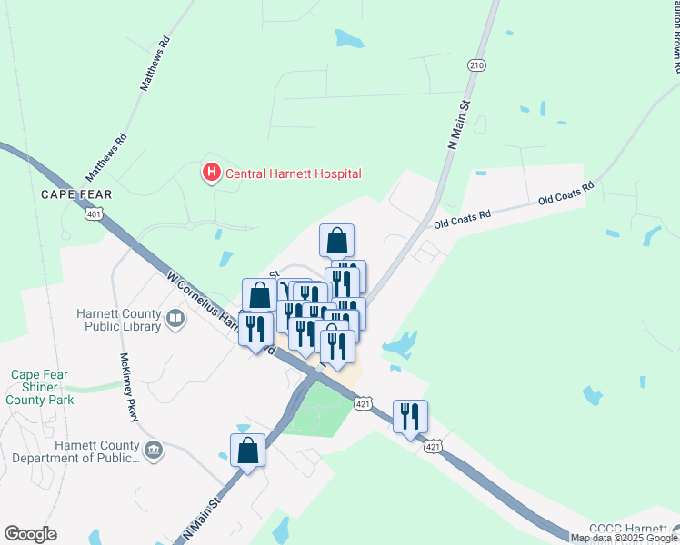 map of restaurants, bars, coffee shops, grocery stores, and more near 315 Pine State Street in Lillington
