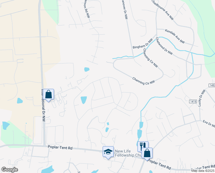 map of restaurants, bars, coffee shops, grocery stores, and more near 4154 Stream Dale Circle Northwest in Concord