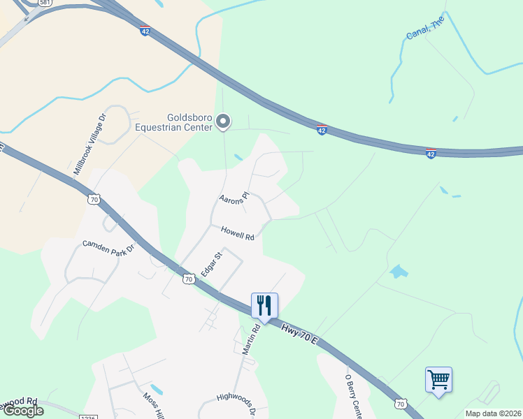 map of restaurants, bars, coffee shops, grocery stores, and more near 202 Sussex Place in Goldsboro