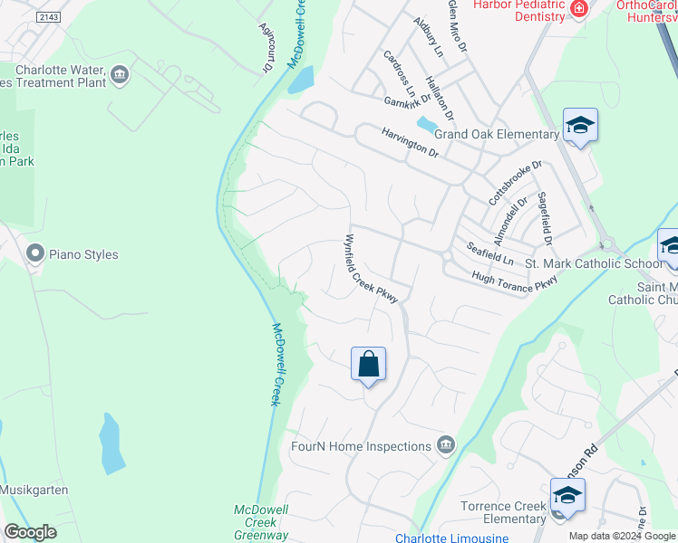 map of restaurants, bars, coffee shops, grocery stores, and more near 15722 Glencastle Street in Huntersville