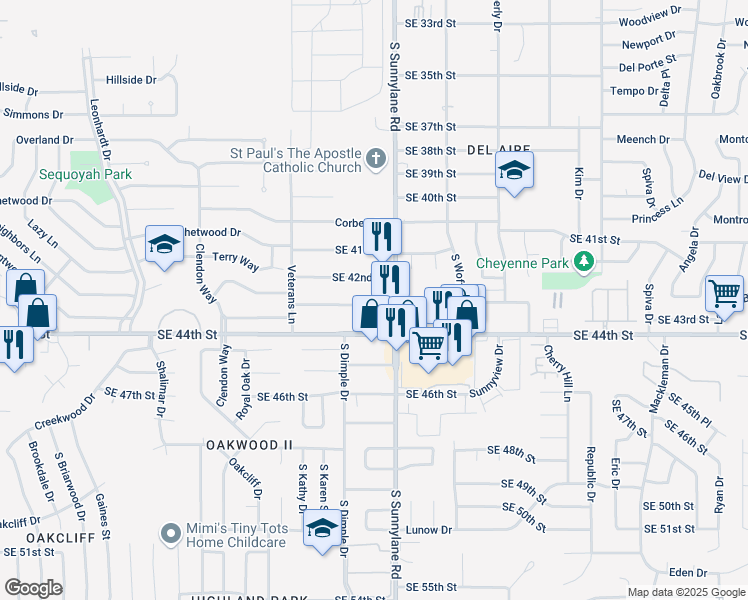 map of restaurants, bars, coffee shops, grocery stores, and more near 4221 Southeast 43rd Street in Del City