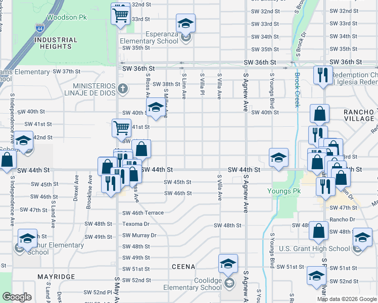 map of restaurants, bars, coffee shops, grocery stores, and more near 2632 Southwest 42nd Street in Oklahoma City