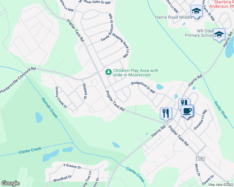 map of restaurants, bars, coffee shops, grocery stores, and more near 1224 Bridgeford Drive Northwest in Concord