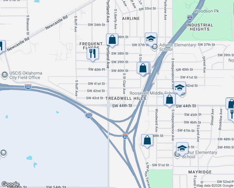 map of restaurants, bars, coffee shops, grocery stores, and more near 3628 Southwest 42nd Street in Oklahoma City