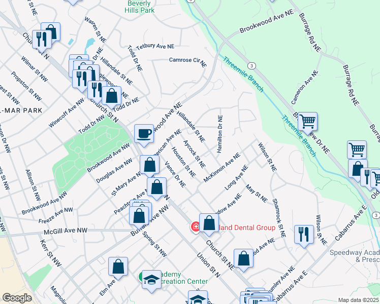 map of restaurants, bars, coffee shops, grocery stores, and more near 341 Aycock Street Northeast in Concord