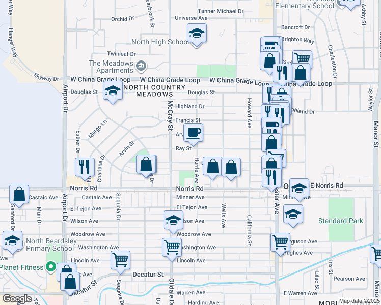 map of restaurants, bars, coffee shops, grocery stores, and more near 402 Ray Street in Bakersfield