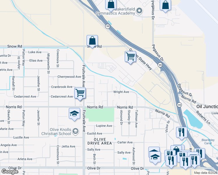 map of restaurants, bars, coffee shops, grocery stores, and more near 6210 Rogers Street in Bakersfield