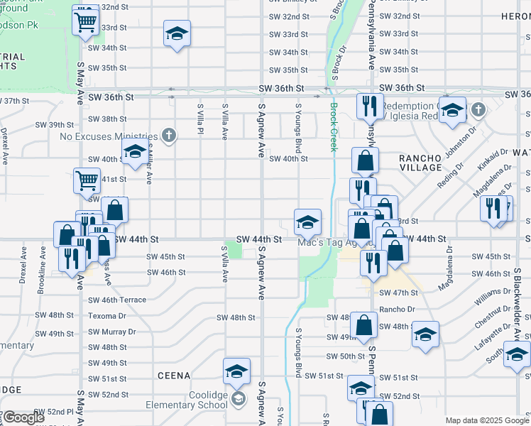 map of restaurants, bars, coffee shops, grocery stores, and more near 2336 Southwest 42nd Street in Oklahoma City