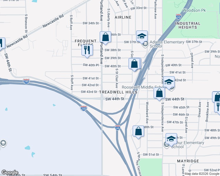 map of restaurants, bars, coffee shops, grocery stores, and more near 3628 Southwest 42nd Street in Oklahoma City