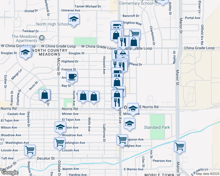 map of restaurants, bars, coffee shops, grocery stores, and more near 131 Ray Street in Bakersfield