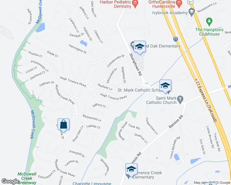 map of restaurants, bars, coffee shops, grocery stores, and more near 15607 Seafield Lane in Huntersville