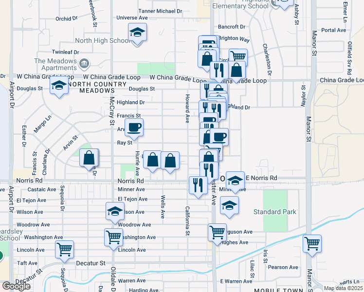 map of restaurants, bars, coffee shops, grocery stores, and more near 211 Ray Street in Bakersfield
