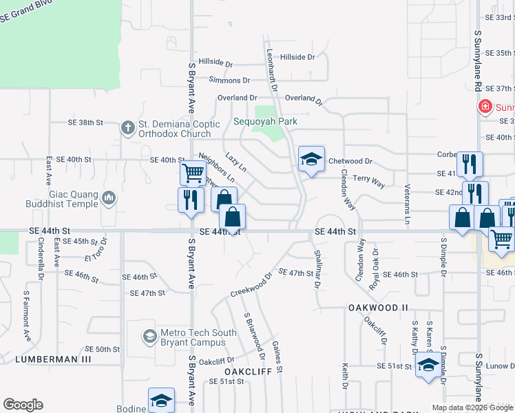 map of restaurants, bars, coffee shops, grocery stores, and more near 3213 Neighbors Lane in Del City