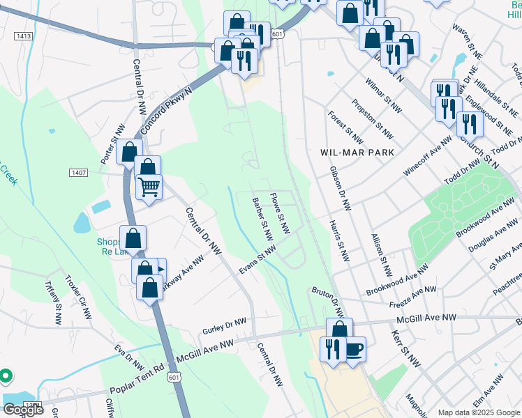 map of restaurants, bars, coffee shops, grocery stores, and more near 42 Barber Street Northwest in Concord