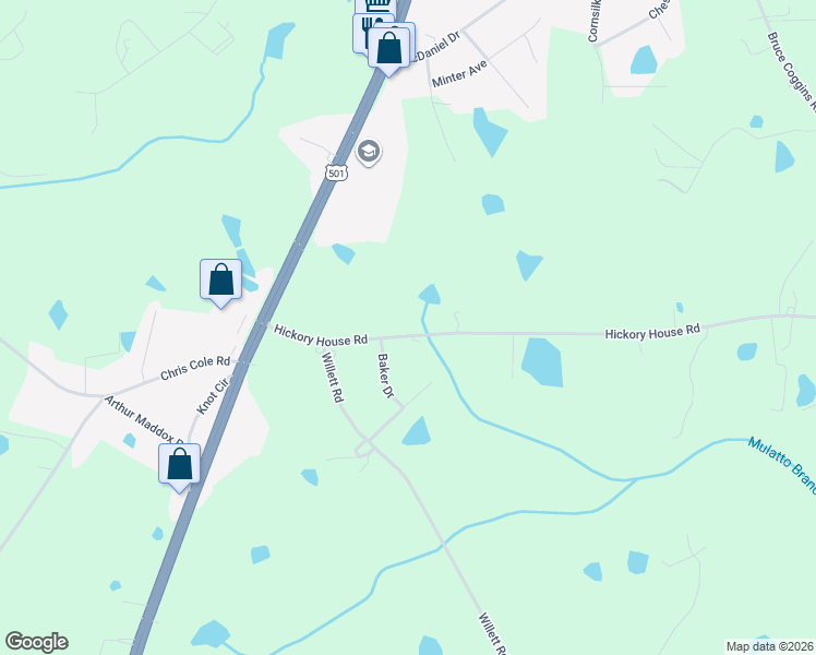 map of restaurants, bars, coffee shops, grocery stores, and more near 2398 Hickory House Road in Sanford