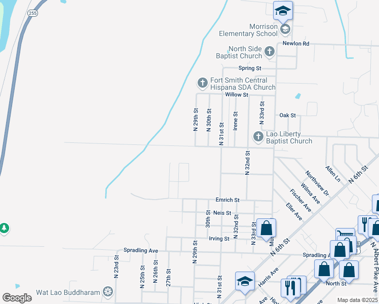 map of restaurants, bars, coffee shops, grocery stores, and more near 2805 Walnut Street in Fort Smith