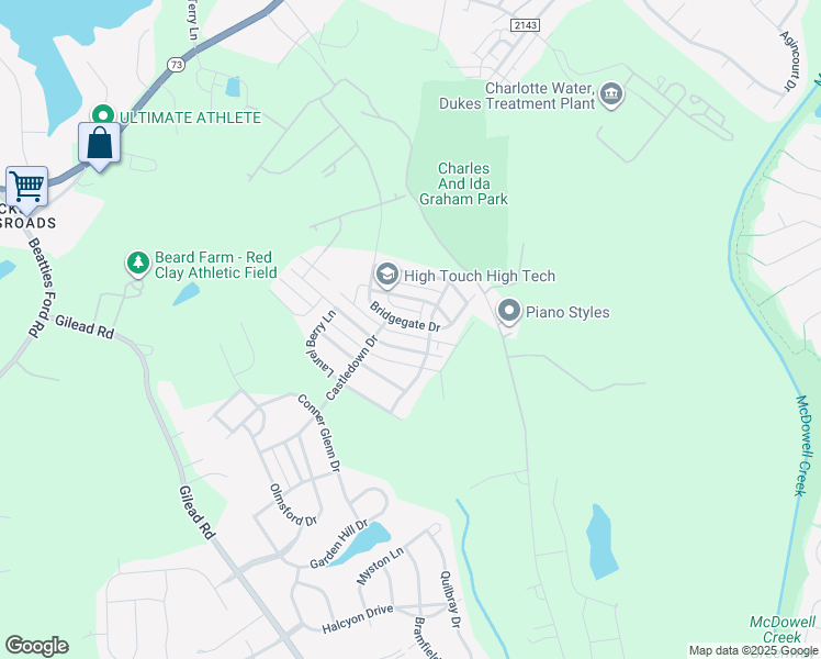 map of restaurants, bars, coffee shops, grocery stores, and more near 8129 Bridgegate Drive in Huntersville