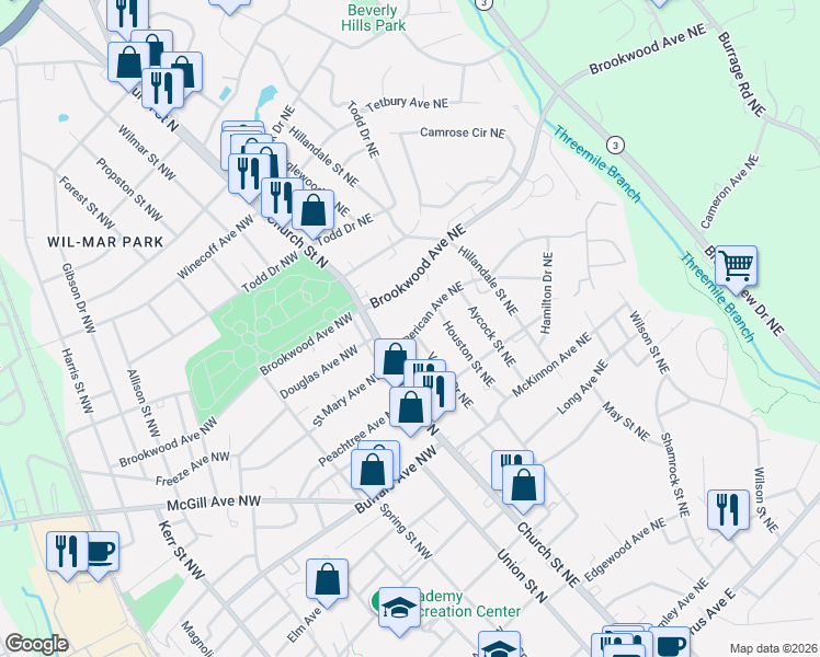 map of restaurants, bars, coffee shops, grocery stores, and more near 20 Brookwood Avenue Northwest in Concord
