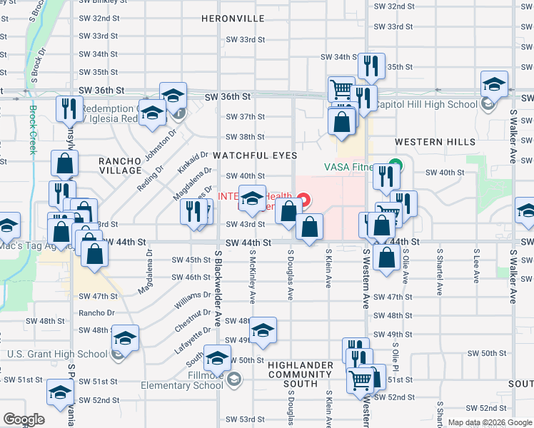map of restaurants, bars, coffee shops, grocery stores, and more near 1131 Southwest 42nd Street in Oklahoma City