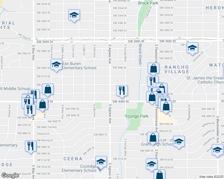map of restaurants, bars, coffee shops, grocery stores, and more near 2336 Southwest 42nd Street in Oklahoma City