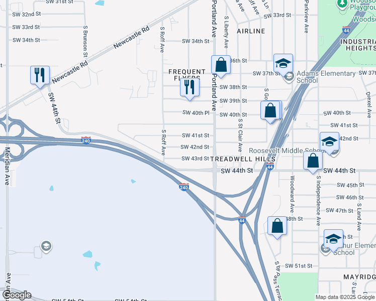 map of restaurants, bars, coffee shops, grocery stores, and more near 3745 Southwest 42nd Street in Oklahoma City