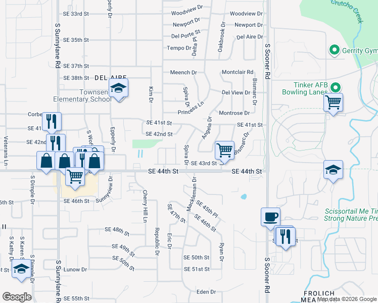 map of restaurants, bars, coffee shops, grocery stores, and more near 4237 Angela Drive in Del City