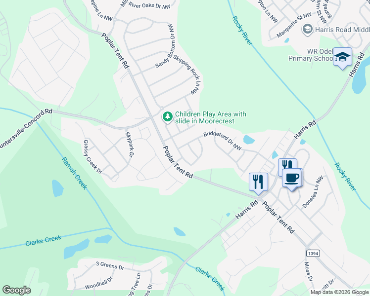 map of restaurants, bars, coffee shops, grocery stores, and more near 1231 Bridgeford Drive Northwest in Huntersville