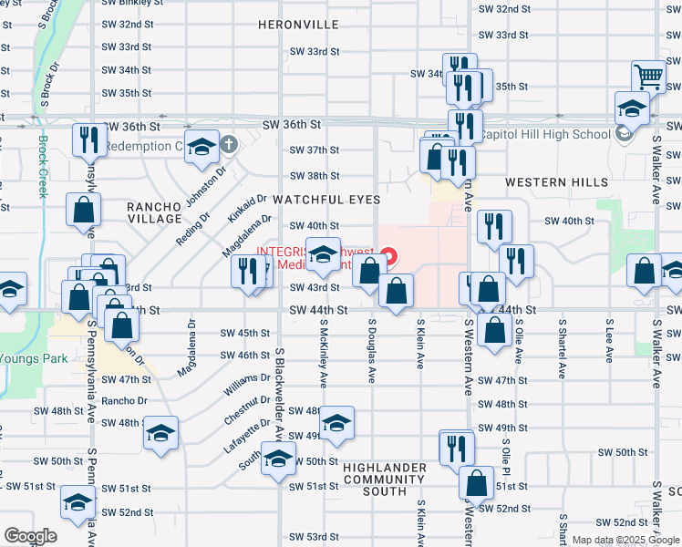 map of restaurants, bars, coffee shops, grocery stores, and more near 1131 Southwest 42nd Street in Oklahoma City