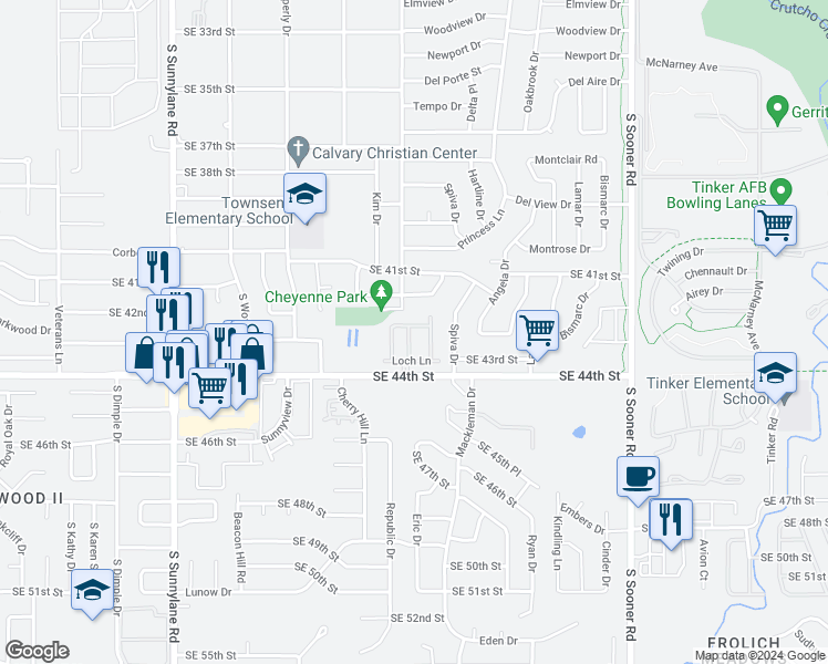 map of restaurants, bars, coffee shops, grocery stores, and more near 4302 Stonehaven Drive in Del City