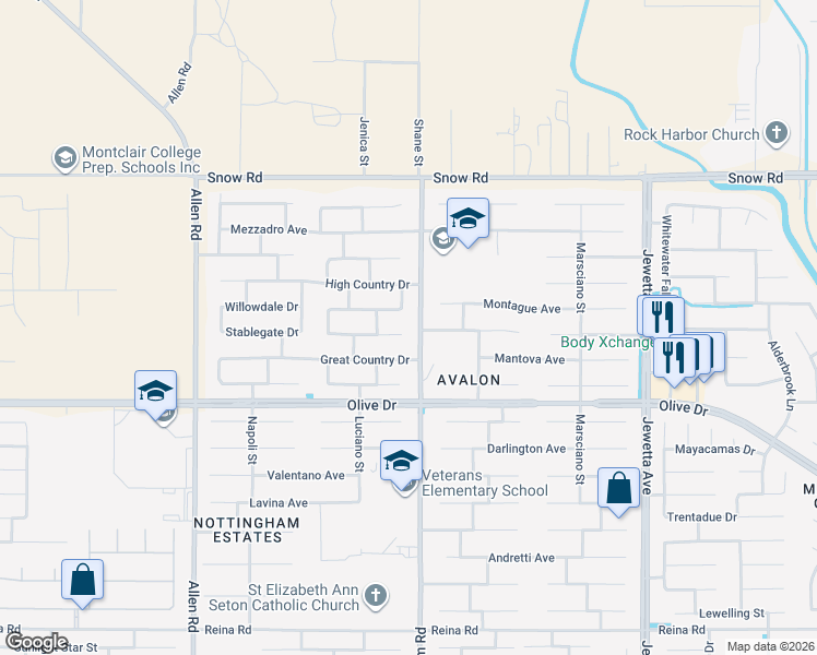 map of restaurants, bars, coffee shops, grocery stores, and more near 12107 Midtowne Drive in Bakersfield