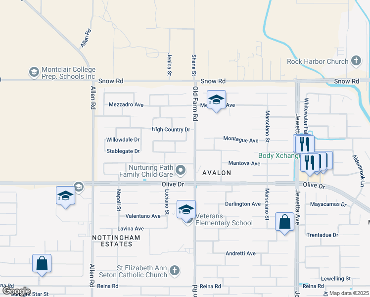 map of restaurants, bars, coffee shops, grocery stores, and more near 12107 Midtowne Drive in Bakersfield