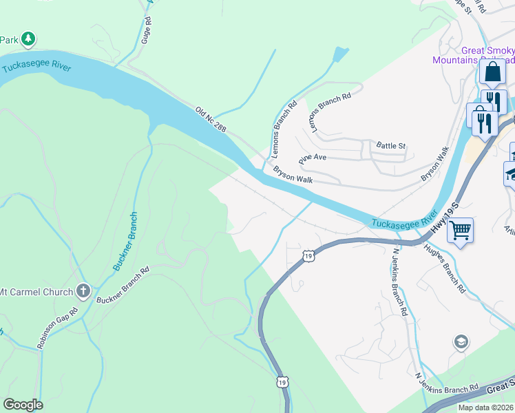 map of restaurants, bars, coffee shops, grocery stores, and more near 243 East Ridge Drive in Bryson City