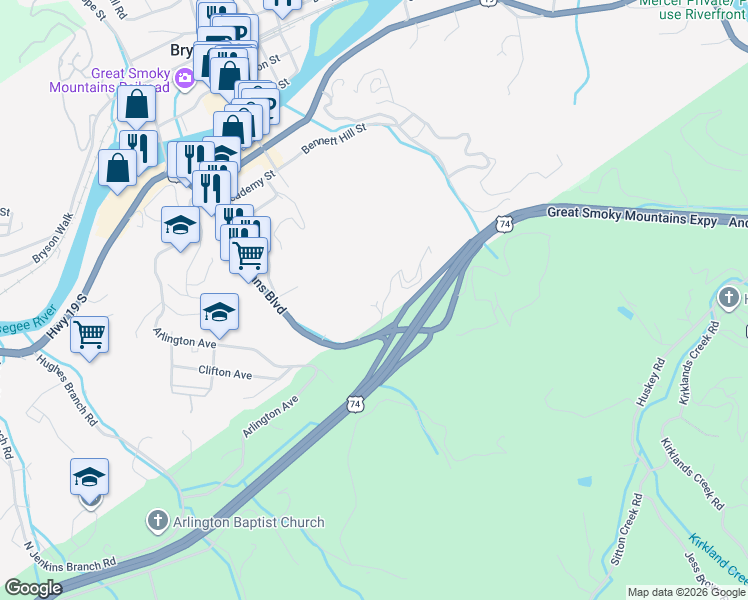 map of restaurants, bars, coffee shops, grocery stores, and more near 95 Spring Road in Bryson City