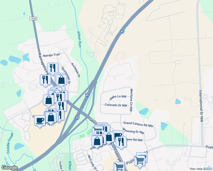 map of restaurants, bars, coffee shops, grocery stores, and more near 526 Wyoming Drive Northwest in Concord