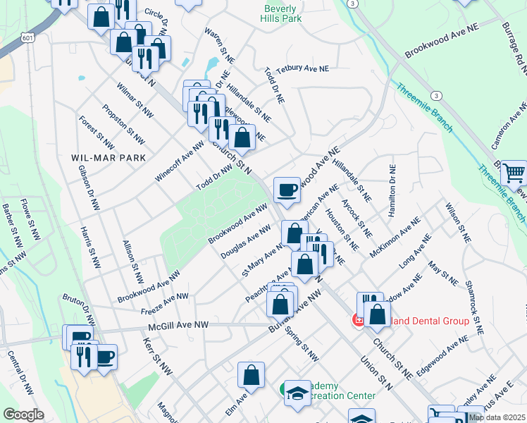 map of restaurants, bars, coffee shops, grocery stores, and more near 10/15 Brookwood Avenue Northwest in Concord
