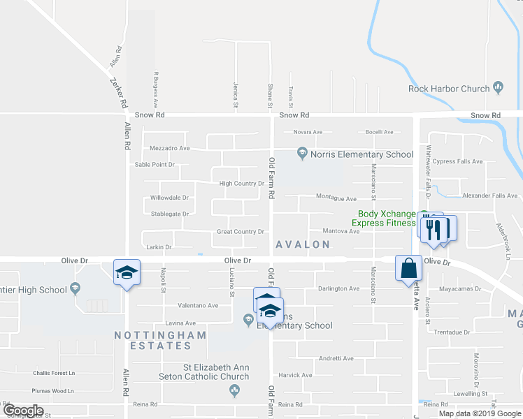 map of restaurants, bars, coffee shops, grocery stores, and more near 12107 Midtowne Drive in Bakersfield
