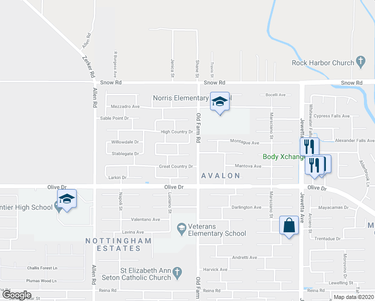 map of restaurants, bars, coffee shops, grocery stores, and more near 12107 Midtowne Drive in Bakersfield
