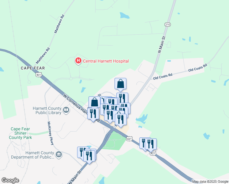 map of restaurants, bars, coffee shops, grocery stores, and more near 261 Pine State Street in Lillington
