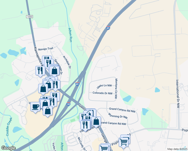 map of restaurants, bars, coffee shops, grocery stores, and more near 526 Wyoming Drive Northwest in Concord