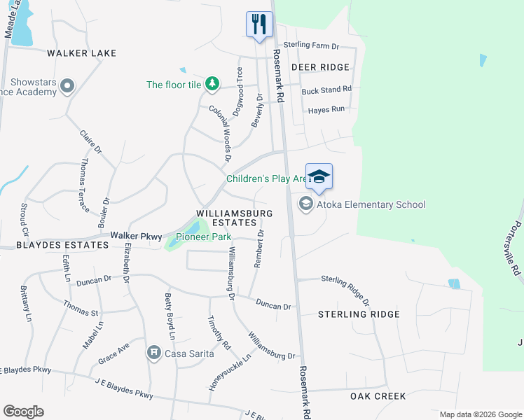 map of restaurants, bars, coffee shops, grocery stores, and more near 308 Rembert Drive in Atoka