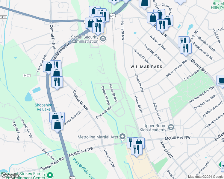 map of restaurants, bars, coffee shops, grocery stores, and more near Flowe Street Northwest in Concord