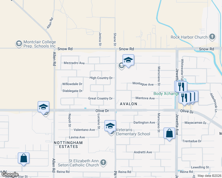 map of restaurants, bars, coffee shops, grocery stores, and more near 12107 Midtowne Drive in Bakersfield