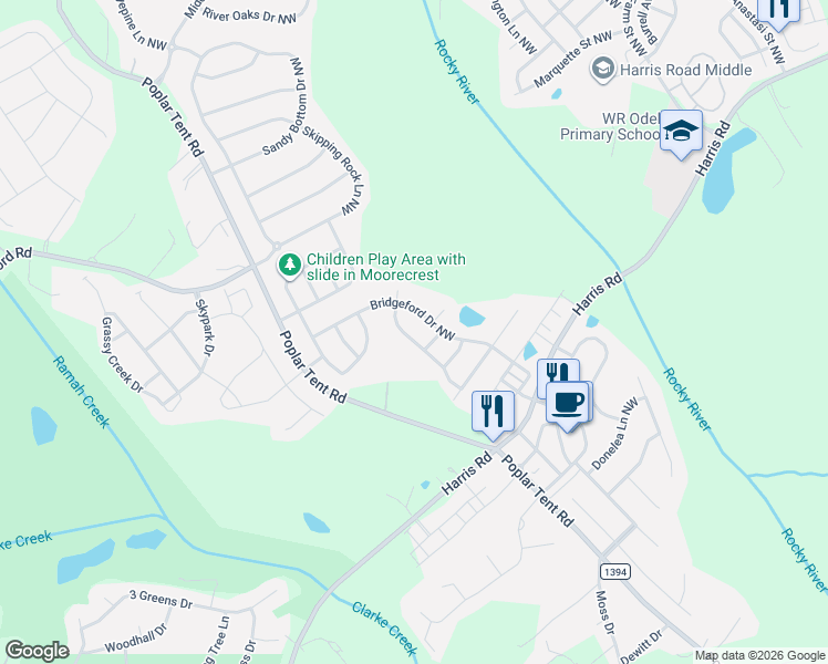 map of restaurants, bars, coffee shops, grocery stores, and more near 10387 Rutledge Ridge Drive Northwest in Concord