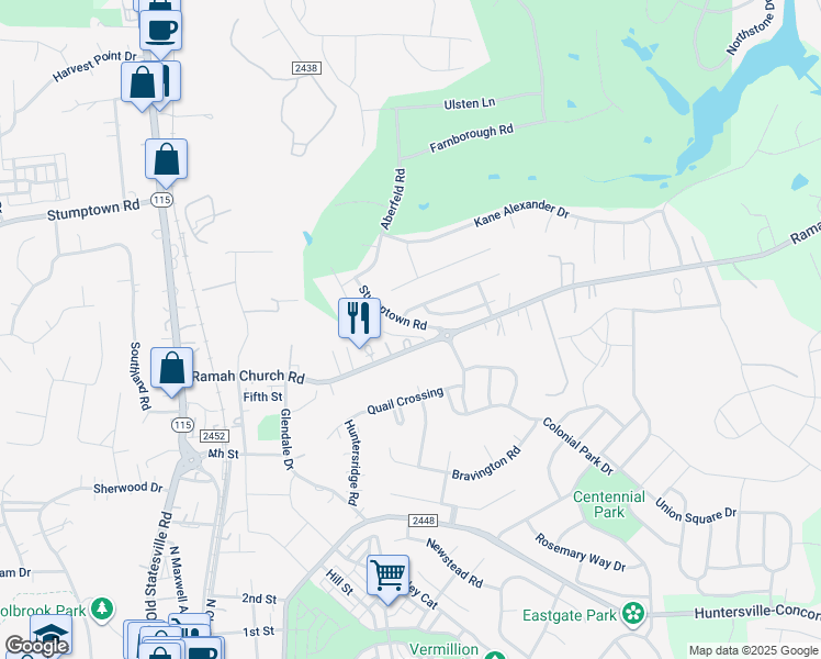 map of restaurants, bars, coffee shops, grocery stores, and more near 12445 Stumptown Road in Huntersville