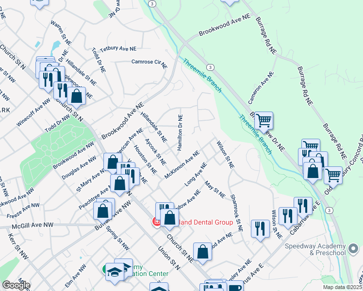 map of restaurants, bars, coffee shops, grocery stores, and more near 310 Hamilton Drive Northeast in Concord