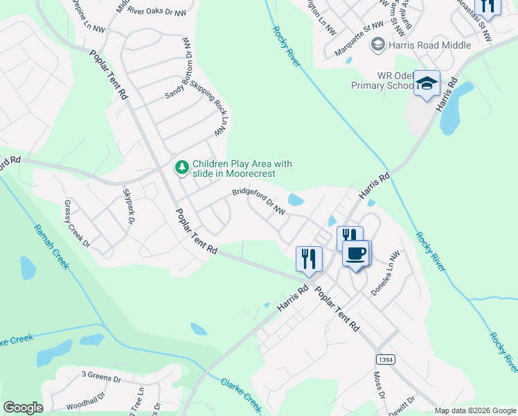 map of restaurants, bars, coffee shops, grocery stores, and more near 10387 Rutledge Ridge Drive Northwest in Concord